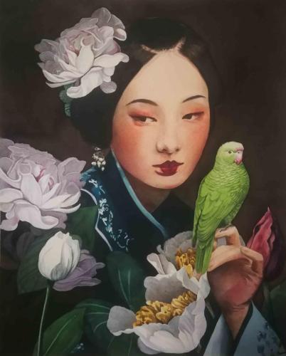Geisha con pappagallino verde